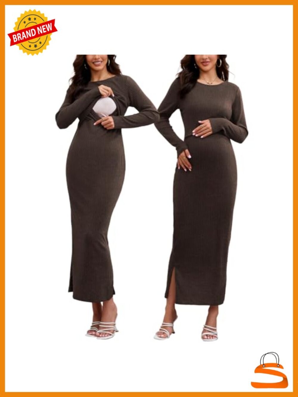 Maternity Nursing Sweater Dress Long Sleeve Ribbed Knit Midi